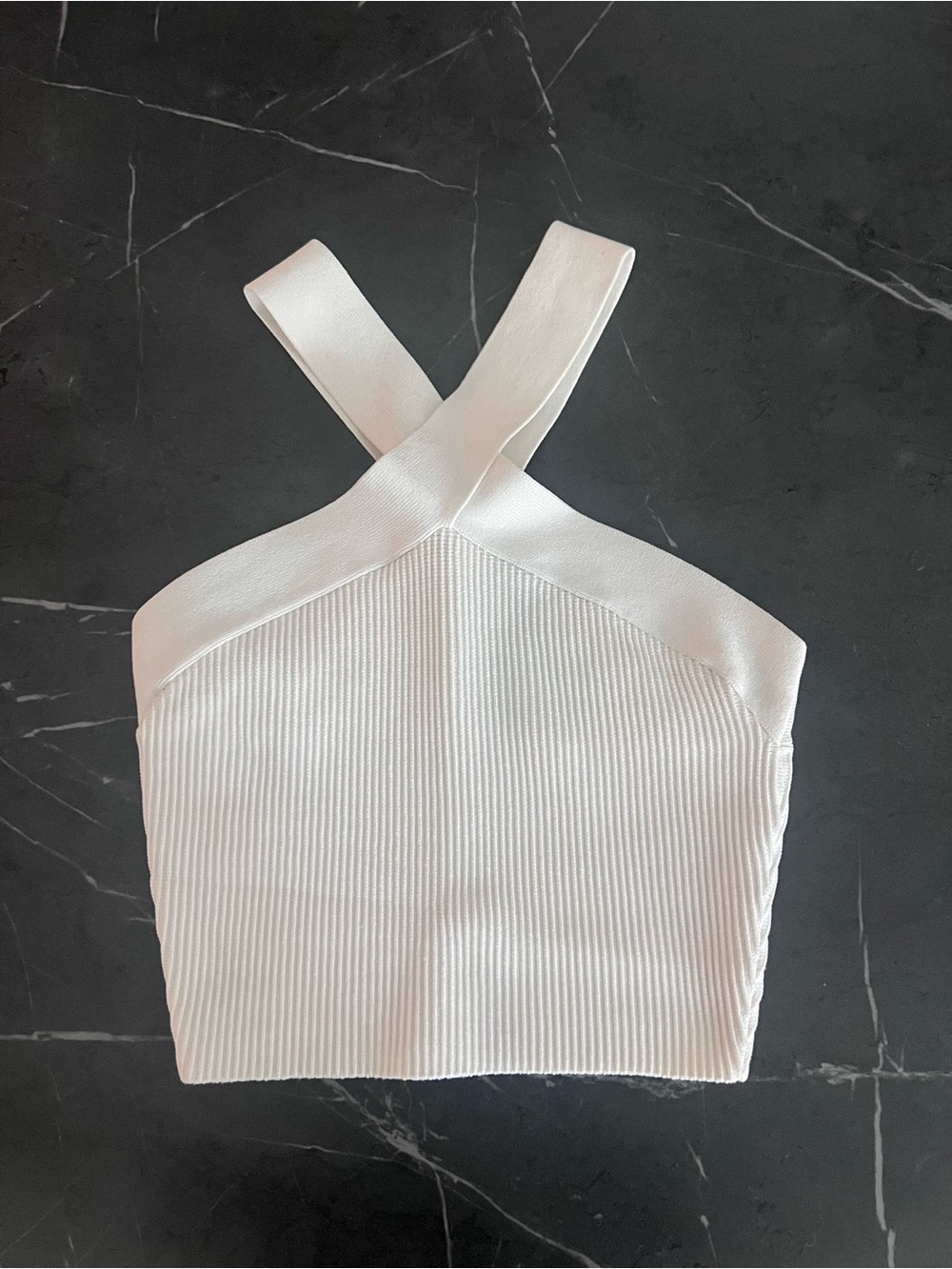 Aritzia Babaton White Ribbed Cross-Strap Crop Top